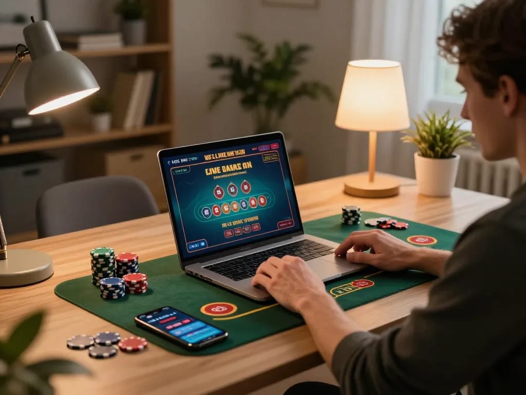 Engaging online gaming setup featuring a person enjoying gen-e live dealer roulette, showcasing strategic play at home.