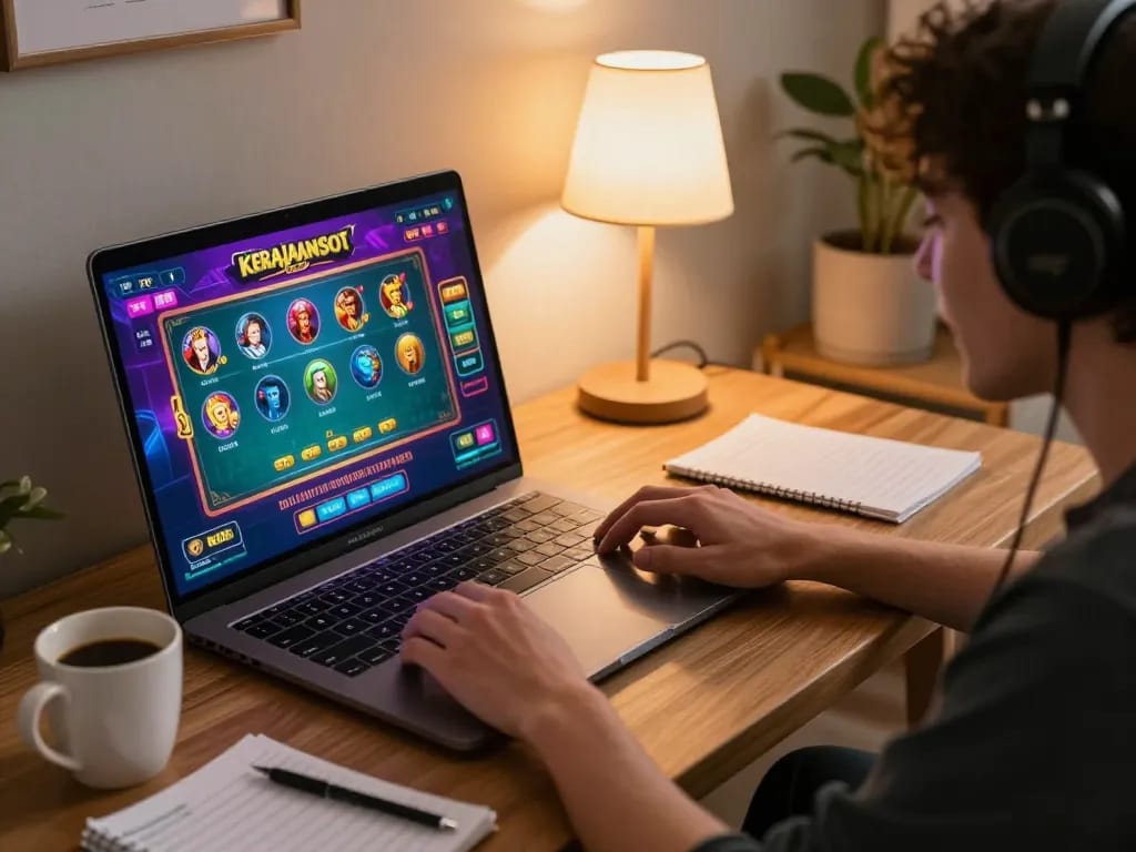 Player enjoying a thrilling kerajaanslot session on their laptop with vibrant graphics and strategy notes