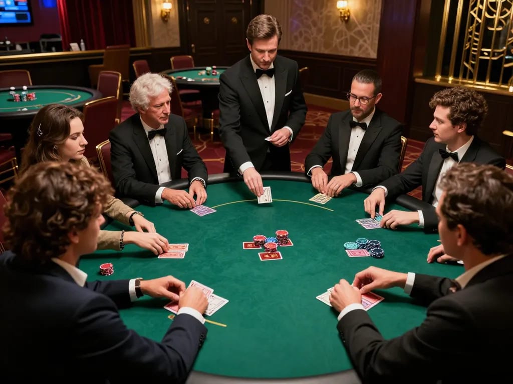 Players strategizing at a poker table in upscale casino, enhancing their skills with 9bet