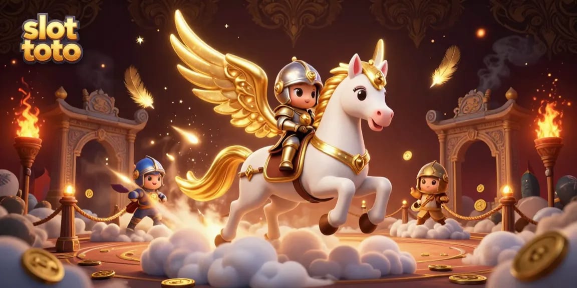 Experience thrilling slot toto games amidst celestial adventures featuring a knight and a golden horse.