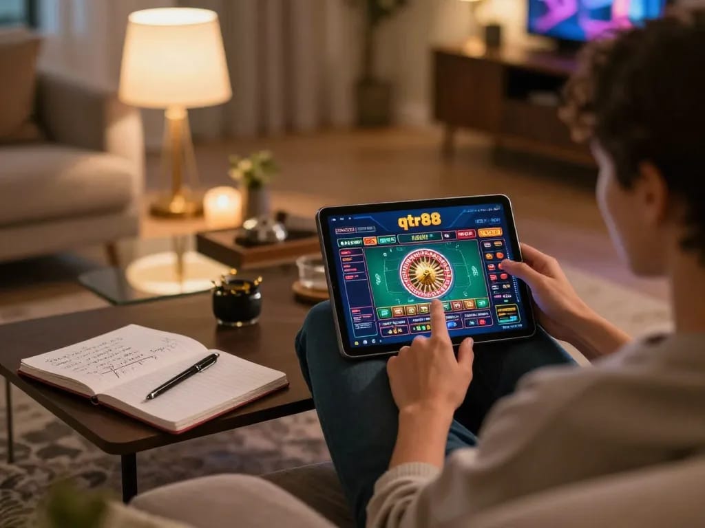 Person using qtr88 casino app on tablet for online gaming with warm home setup.