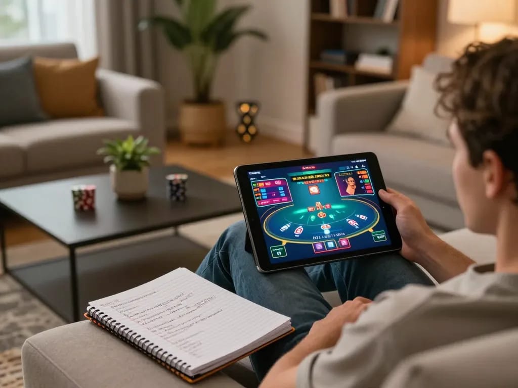 Sunwin player engaging with online poker game on tablet showcasing strategic betting techniques in a cozy atmosphere