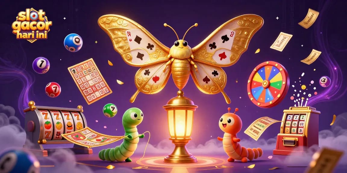 Play slot gacor hari ini with vibrant 3D illustration featuring an enchanting moth and dynamic casino elements.
