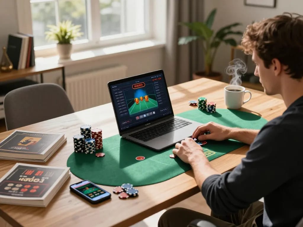 Engaging online poker gameplay at mb66 showcased in a cozy home office setting.
