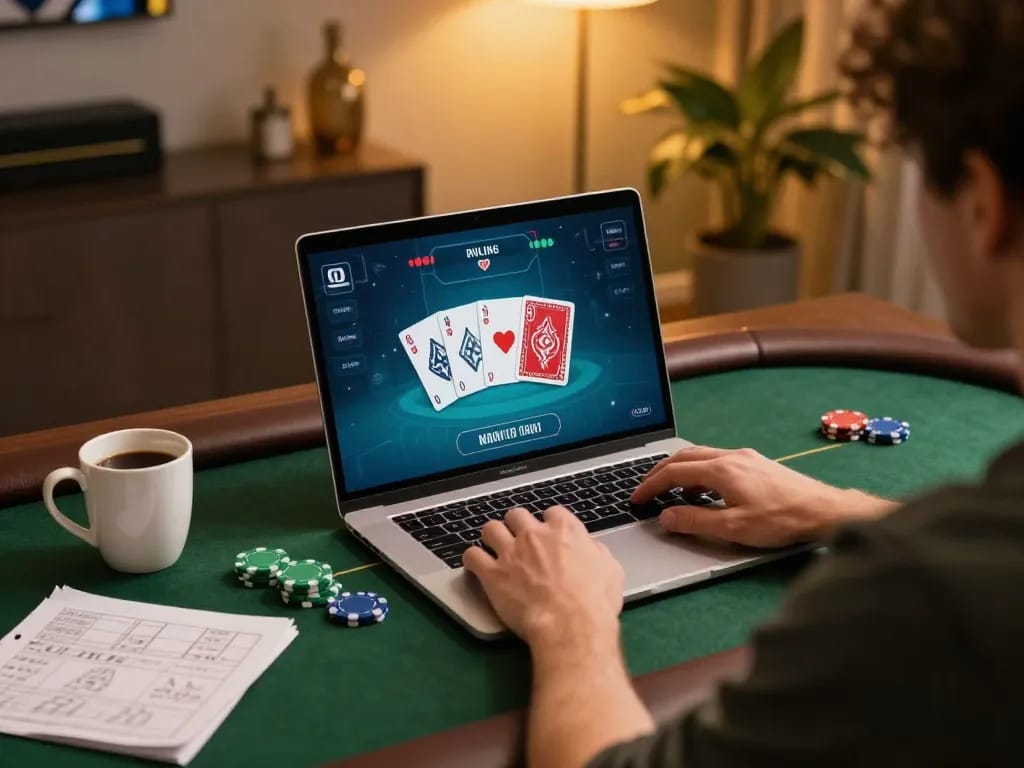 uu88 player strategizing at online poker with laptop and chips in stylish setting