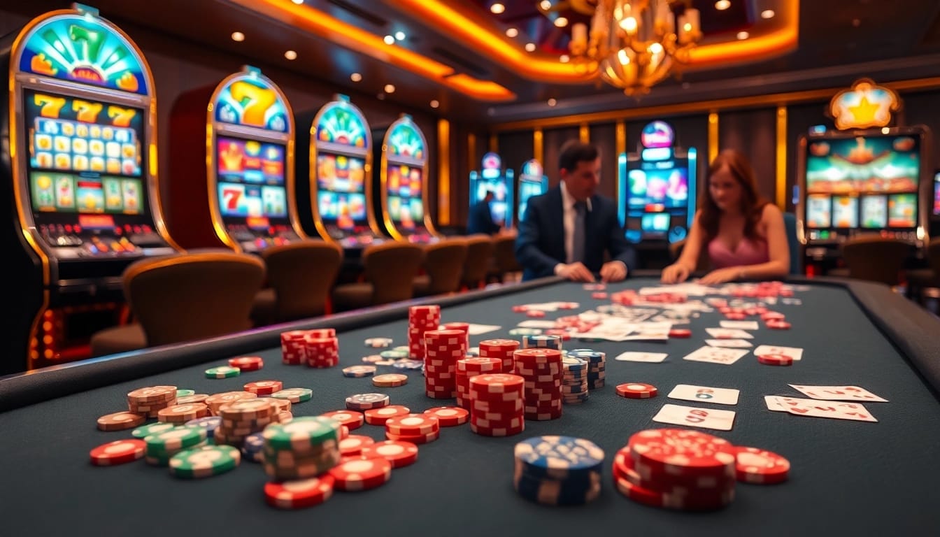 Players enjoying casino games at 78WIN, featuring vibrant slot machines and colorful betting chips.