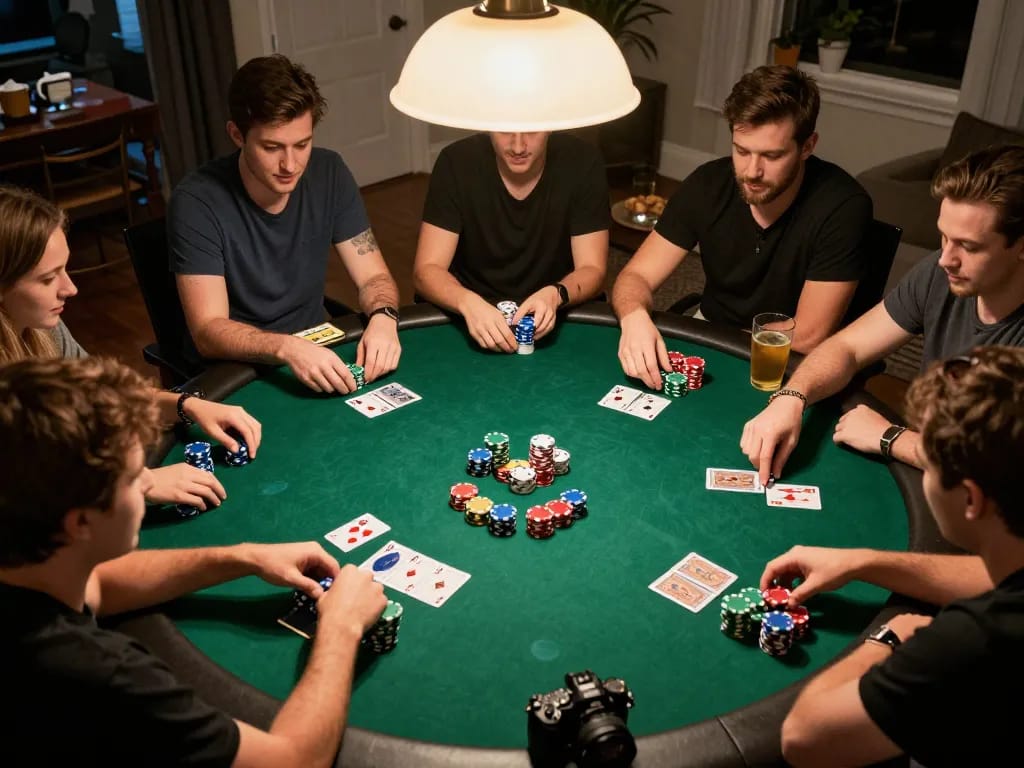 Friends enjoying a lively home poker game with mm88 strategies at play, warm lighting and colorful chips create an inviting atmosphere