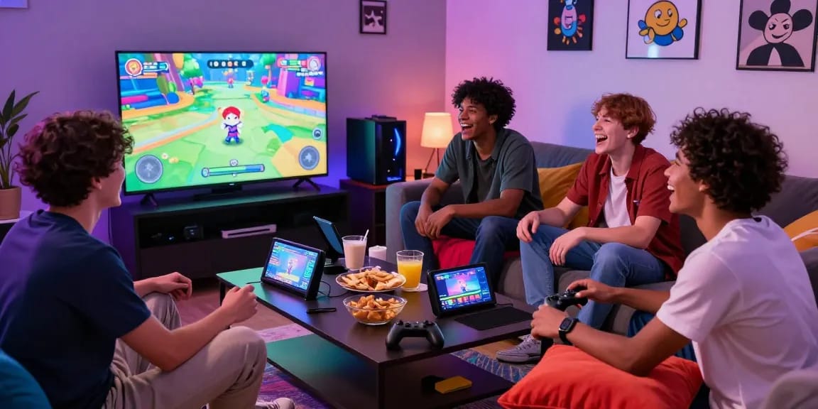Friends playing a gay ecchi game in a cozy living room, enjoying colorful graphics and snacks.