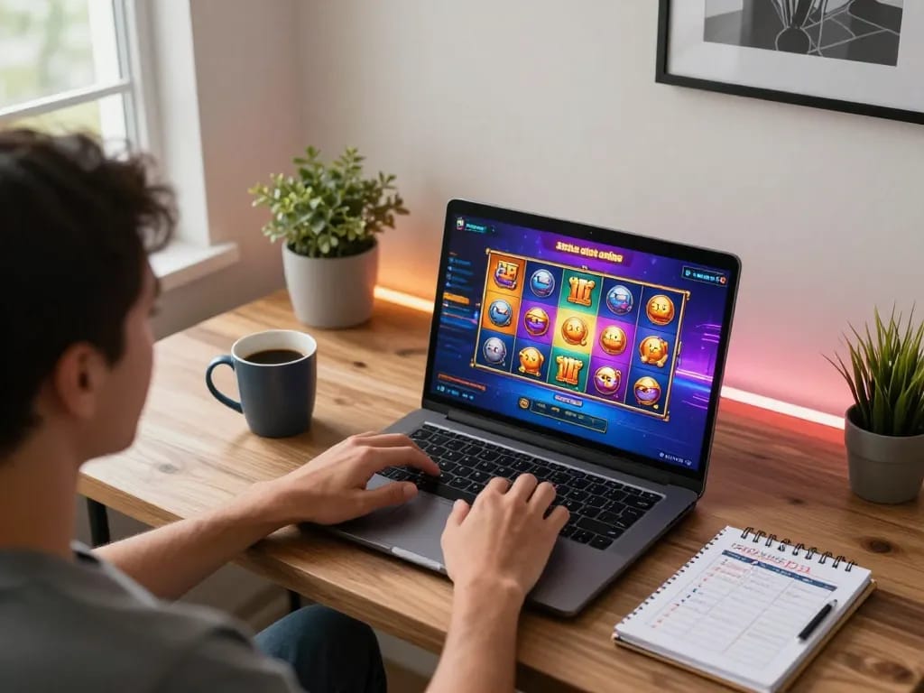 Engaged player exploring situs slot online on a laptop in a modern home setting