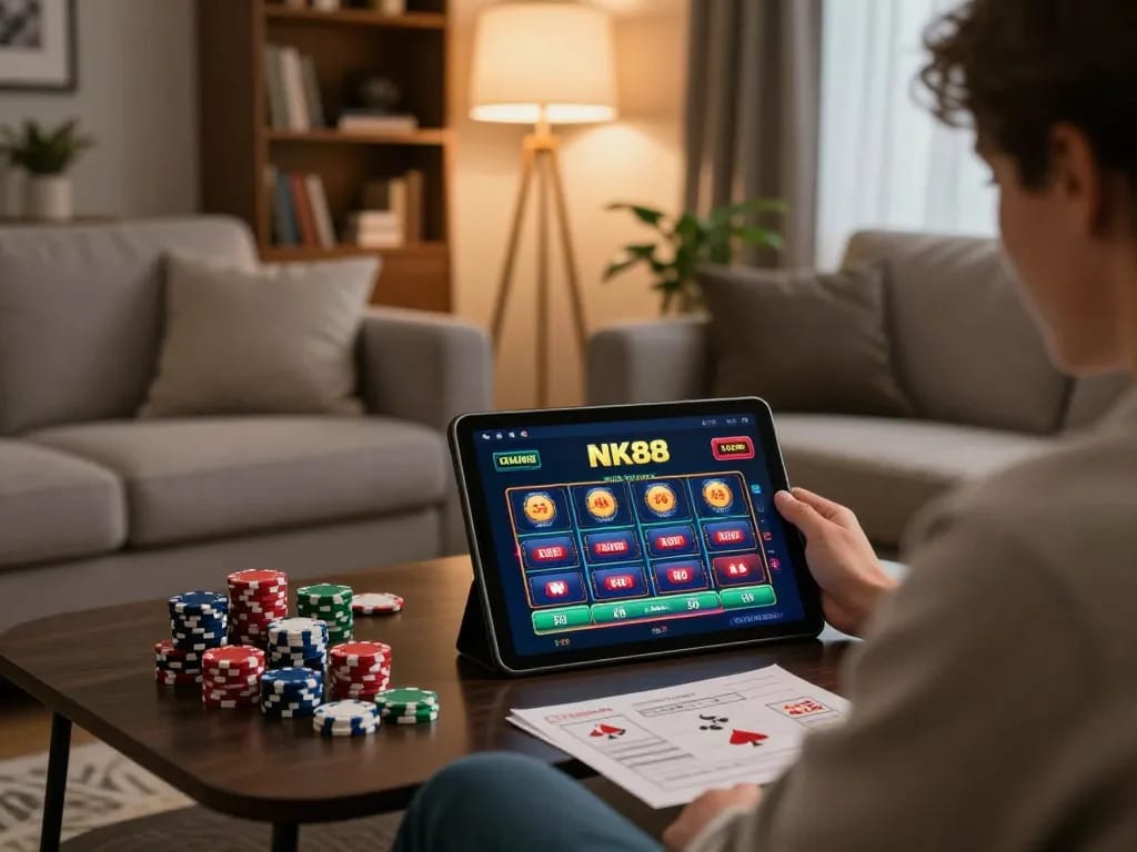 Engaging in NK88 online casino gaming on a tablet while relaxing in a stylish living room.