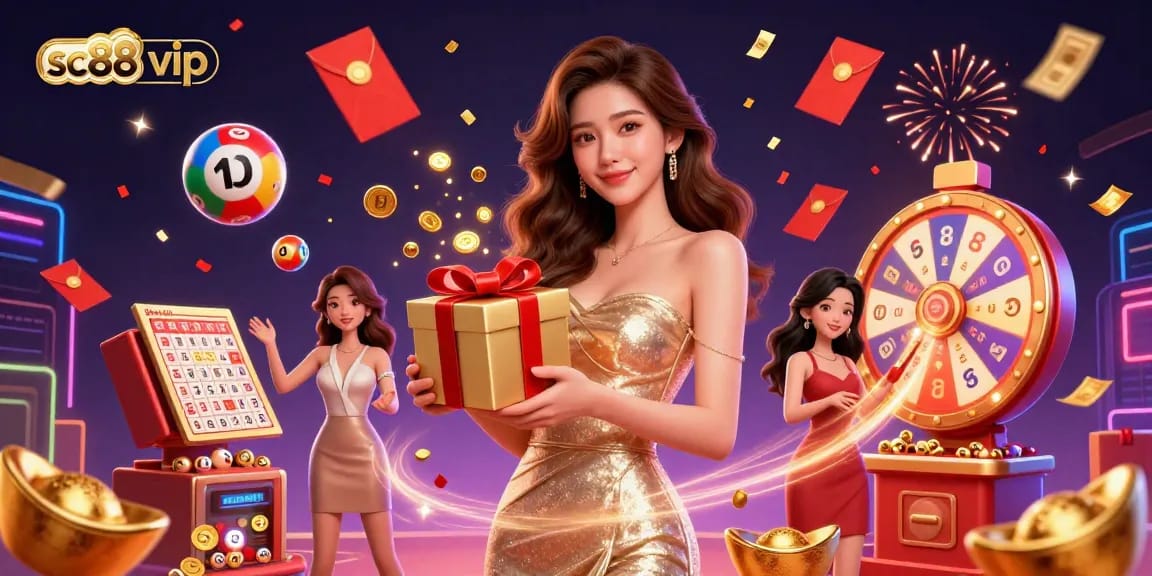 Engage in the lively atmosphere of sc88 vip with festive games featuring colorful lottery balls, gold coins, and a welcoming character.