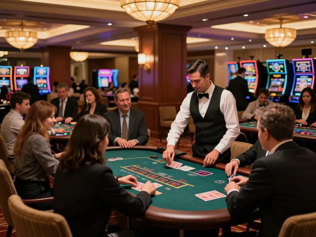 Players immerse in strategic gameplay at bangsawan88gg's elegant blackjack tables in a lively casino.