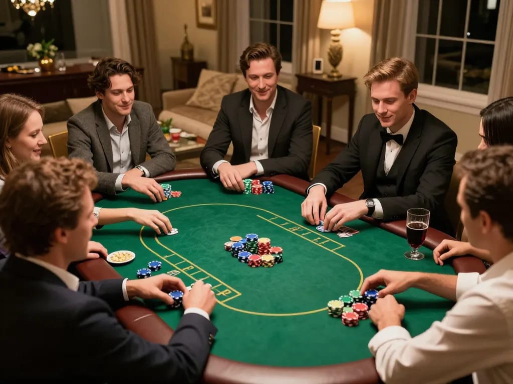 uu88 players enjoying a friendly poker game night at home, vibrant atmosphere and strategic play.