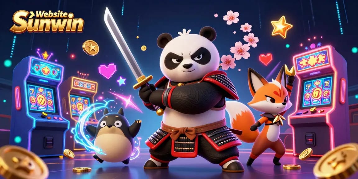 Engage with thrilling games at Website Sunwin featuring samurai panda and ninja fox in a vibrant casino scene.