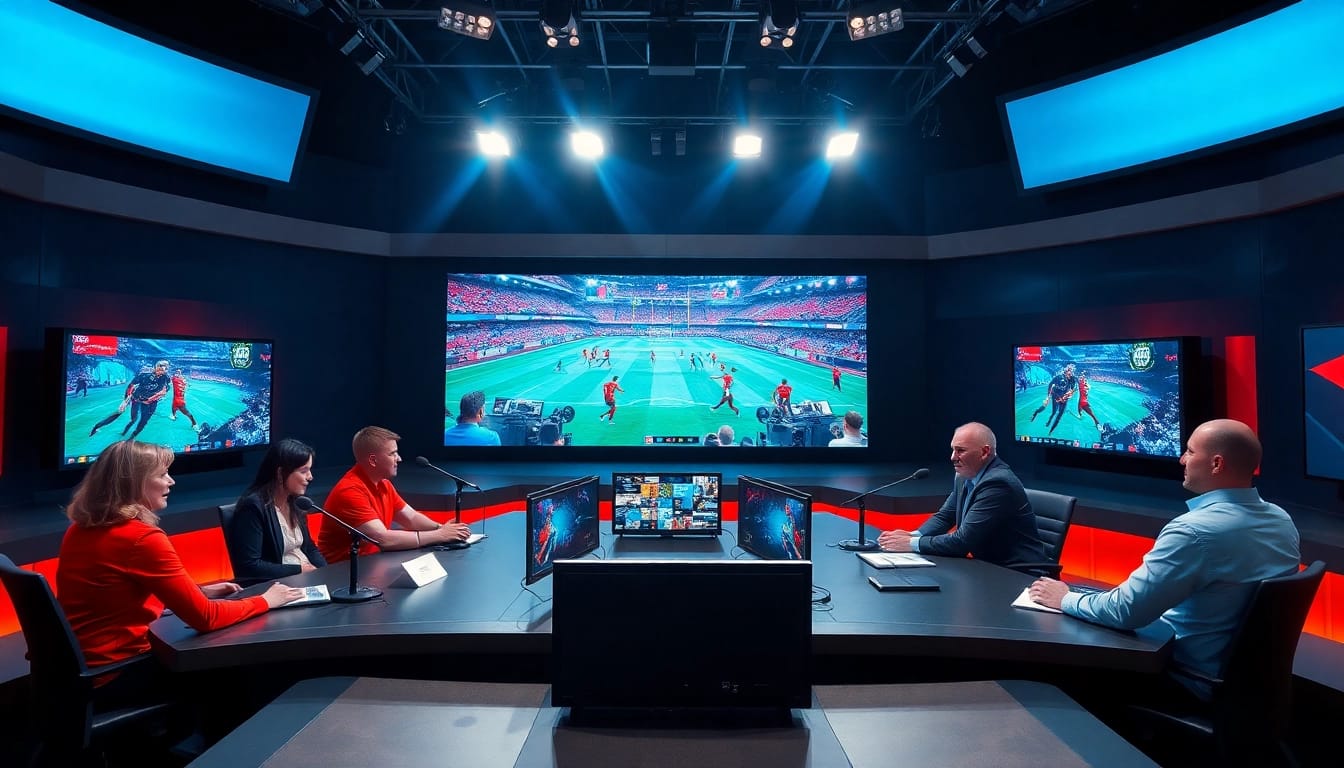 Engaging sports broadcasting studio featuring presenters and live feeds.