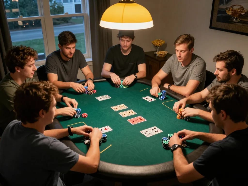 VN23 players enjoying an intense poker night with chips and cards visible, fun social atmosphere