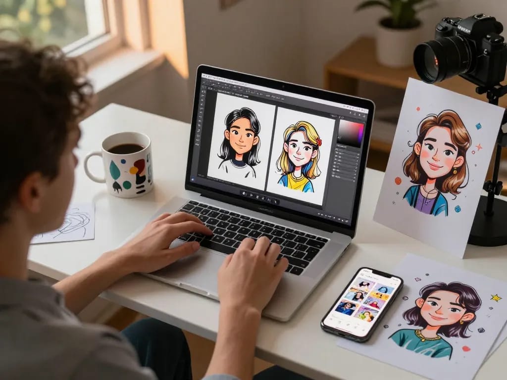 Create a Caricature using online tools while showcasing colorful artistic workspace.