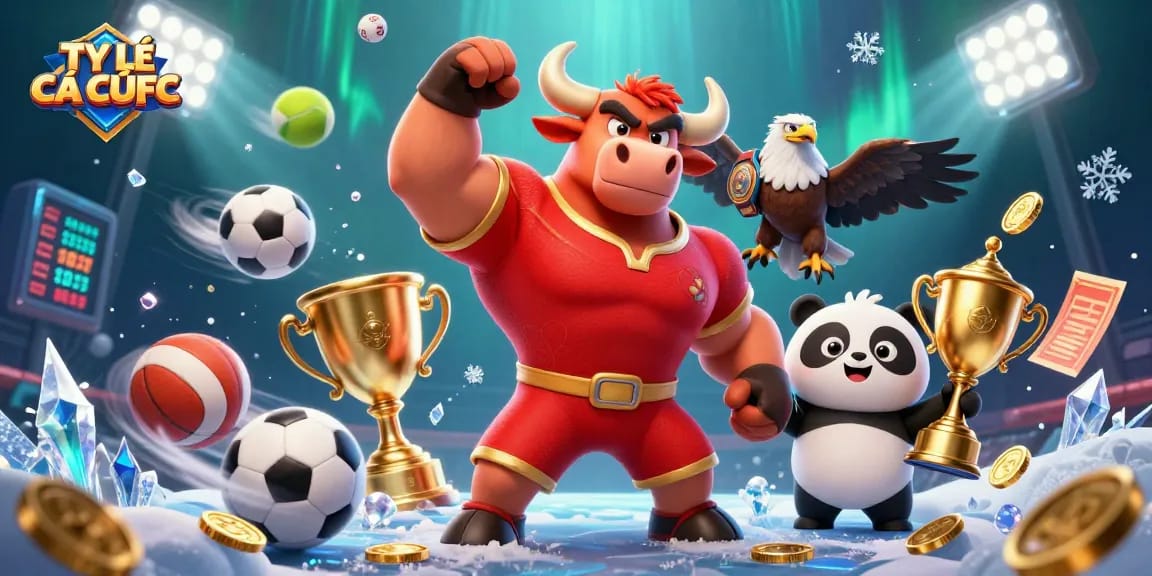 TỶ LỆ CÁ CƯỢC showcases a victorious bull mascot, eagle, and panda in a vibrant sports betting theme.
