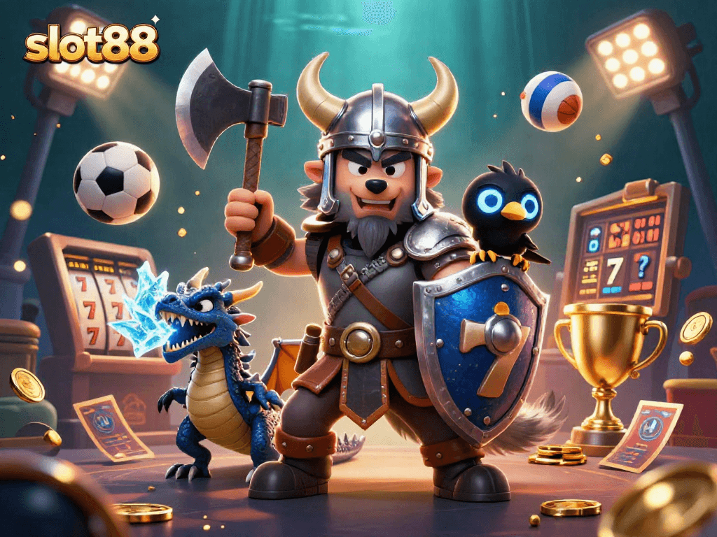 Experience slot88 excitement with Viking wolf warrior, dragon and dazzling slot reels.