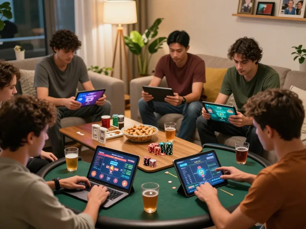 Players enjoying an online poker game with MPO777 from their cozy living room while sharing drinks.