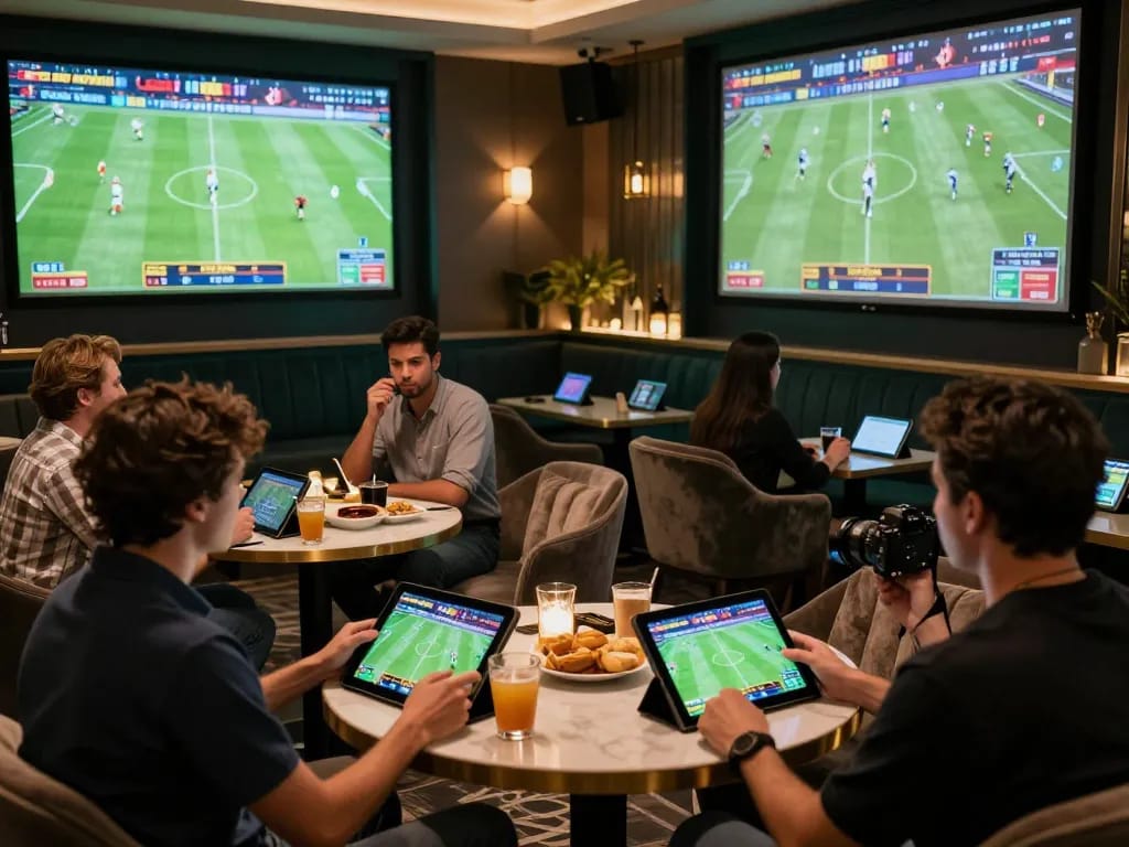 Dynamic sports betting atmosphere with Tỷ Lệ Bóng Đá displayed on multiple screens and engaged bettors enjoying the moment