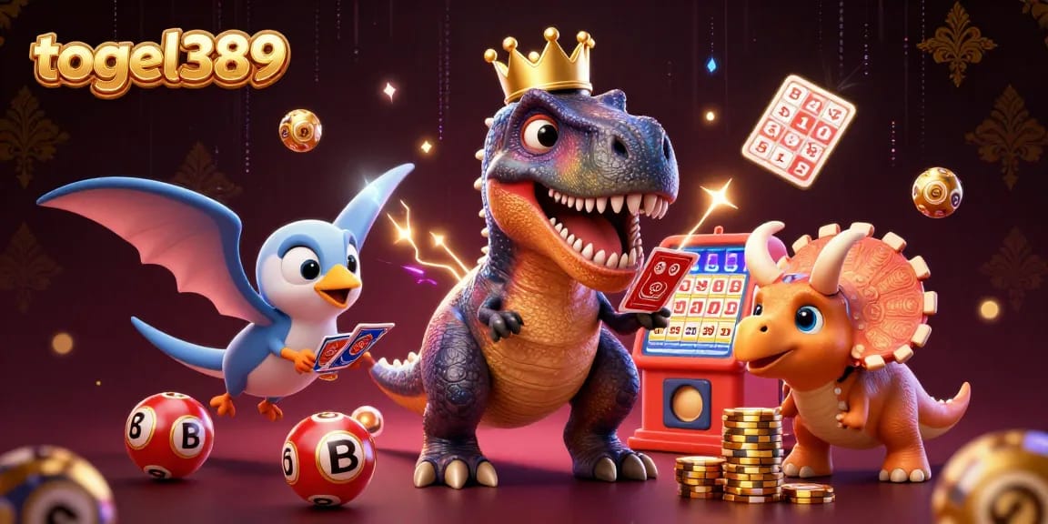 Togel389 brings excitement alive with a fun T-Rex shuffling cards and vibrant lottery elements.