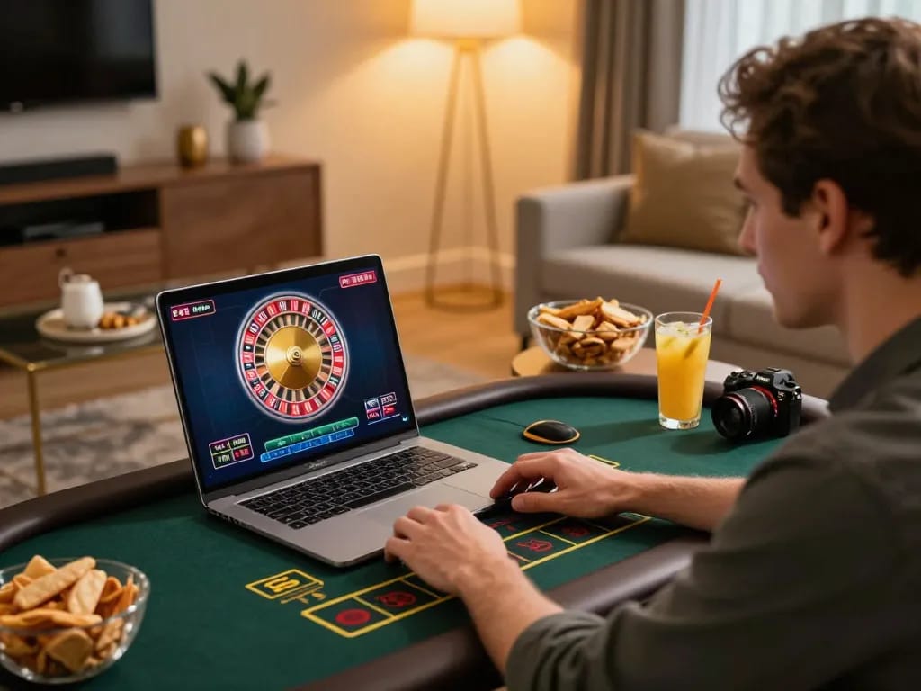 Player engaging in soc88 online roulette game on laptop in cozy home setting