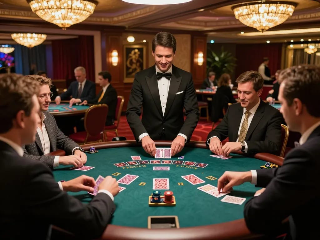 Experience the excitement at trang chủ 5679 blackjack table with players making bets and dealer shuffling cards.