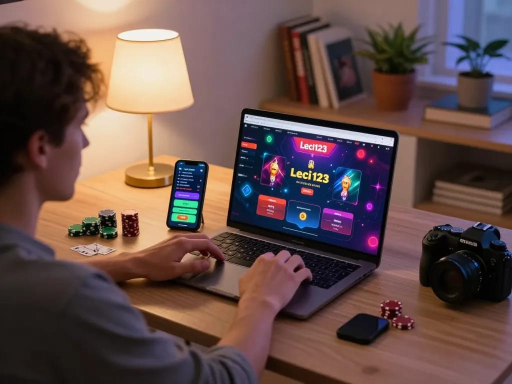 Permainan poker situs Leci123 di laptop modern dengan suasana permainan rumah yang cerah