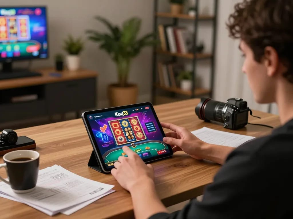 Engaging gameplay on King33 app with user strategizing in cozy home setup