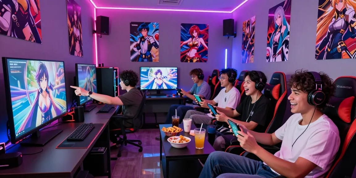 Engaged gamers playing hentai games in a vibrant gaming room with colorful LED lights and lively atmosphere.