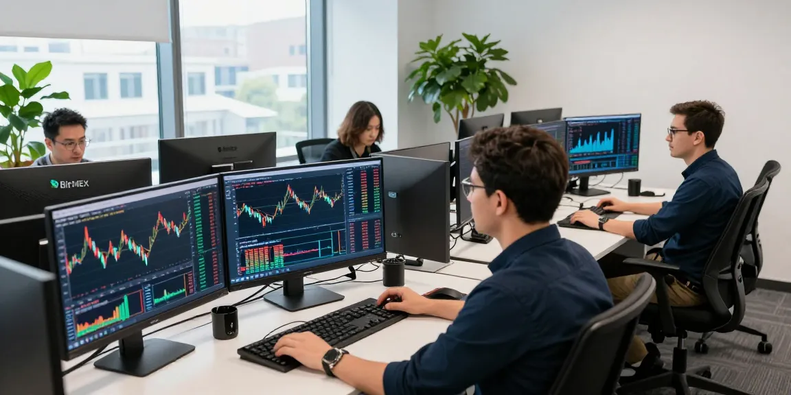 Торговая комната BitMEX биржи с активными трейдерами и анализом графиков криптовалют.