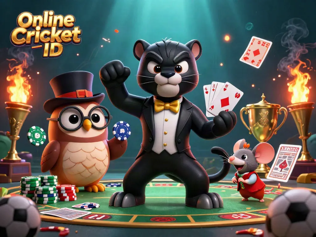 Engaging illustration showcasing Online Cricket ID with stylish panther dealer, owl with chips, mouse, and dynamic betting elements.