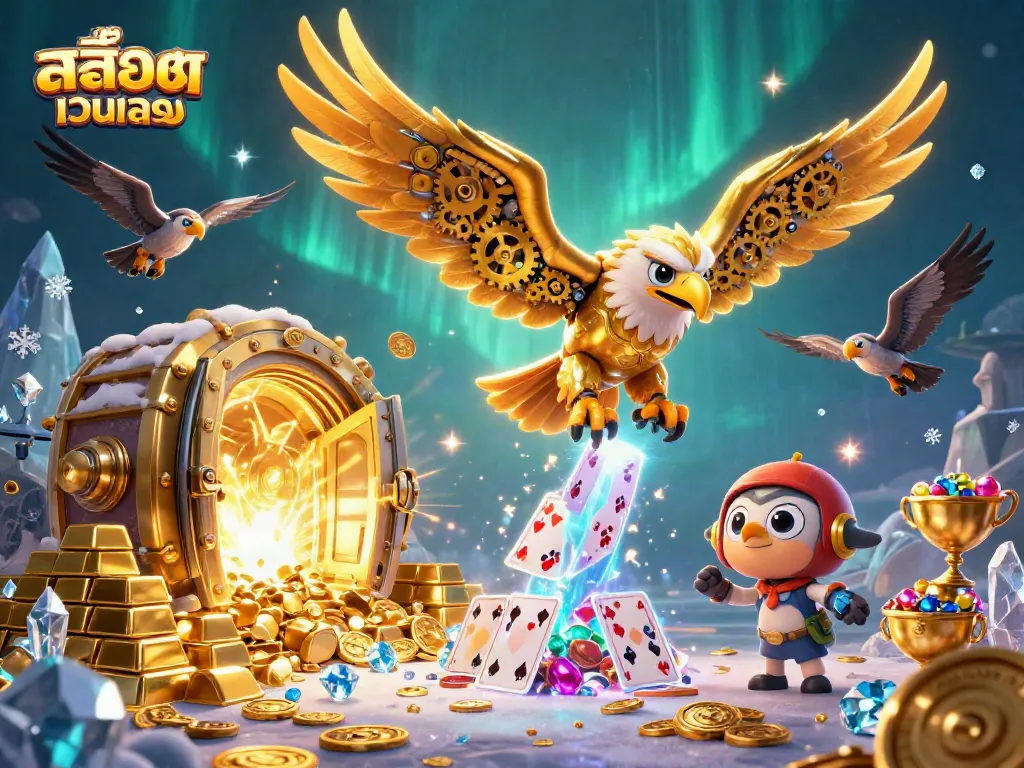 Engage with สล็อตเว็บตรง jackpots featuring a cybernetic eagle amidst treasure and holographic cards.