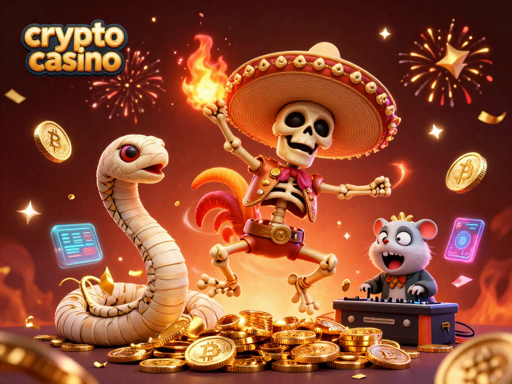 Engaging crypto casino scene featuring a cheerful mariachi rooster amidst golden coins and festive elements.