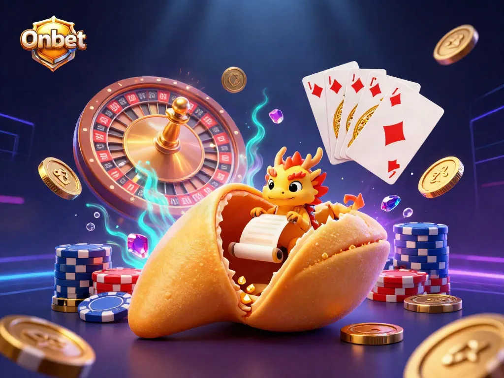 Experience winning moments at Onbet with a golden fortune cookie, cascading coins, and a spinning roulette wheel in a thrilling casino scene.