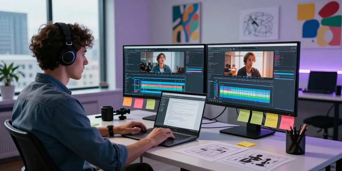 Creating NSFW content in a modern studio environment, showcasing design tools and video editing.