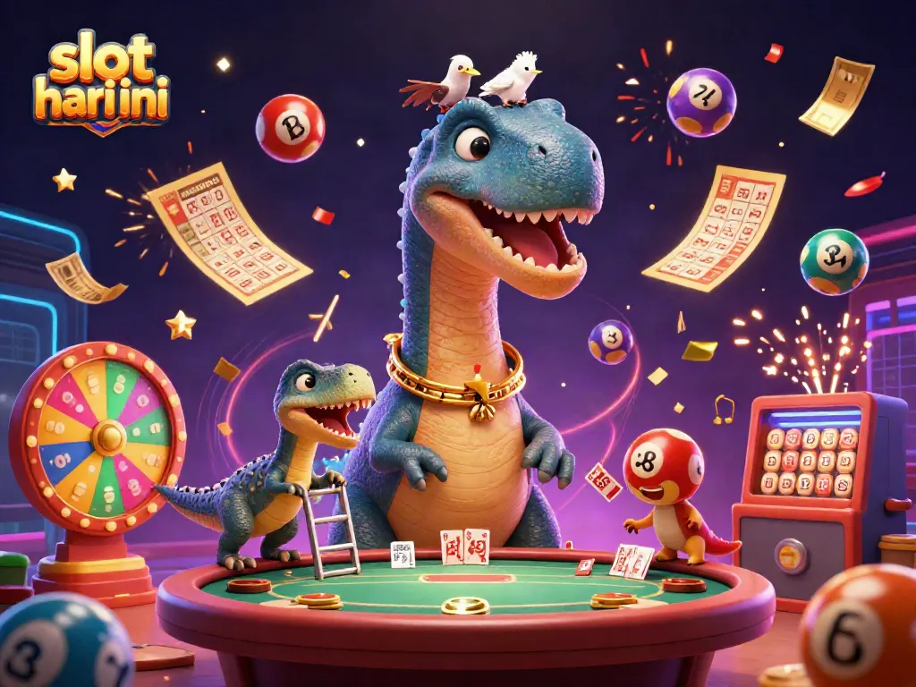 Mainkan slot hari ini dengan ilustrasi kasino yang menampilkan dinosaurus dan raptor beraksi.