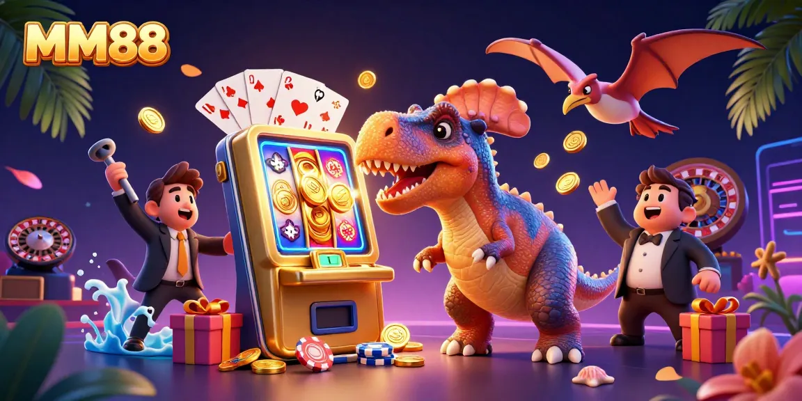 MM88 pachycephalosaurus winning at slots with jackpot coins, exciting casino scene.