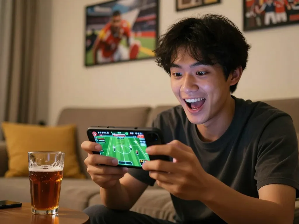 GO8 user engaging in sports betting on a smartphone in a cozy living room