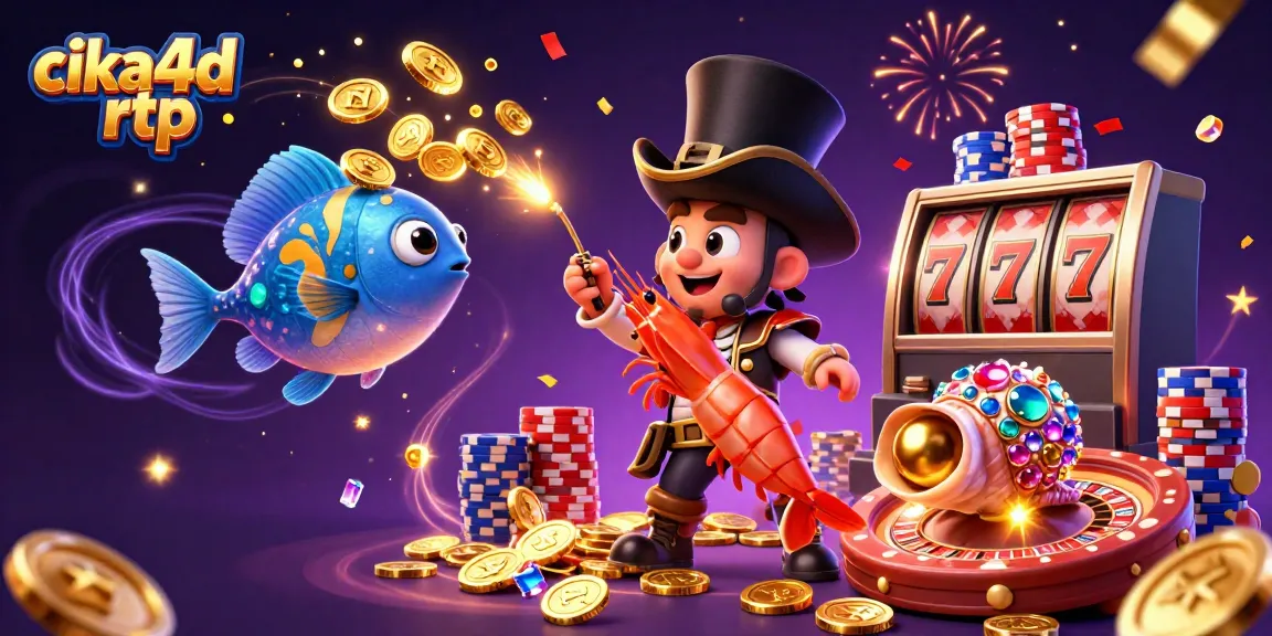Engage with cika4d rtp slots featuring lively characters surrounded by golden coins, roulette wheels, and poker chips.