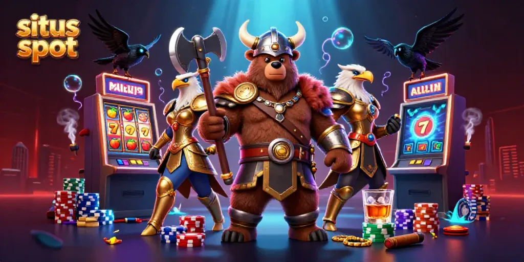 Gali pengalaman bermain di situs slot dengan ilustrasi kasino yang menampilkan karakter Viking dan berbagai elemen permainan.