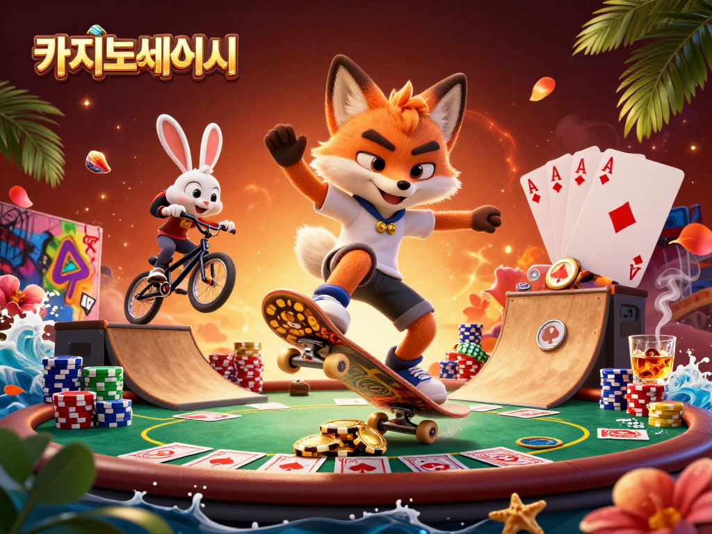 카지노사이트에서 카드 게임을 즐기는 캐릭터들이 등장한 역동적인 장면입니다.