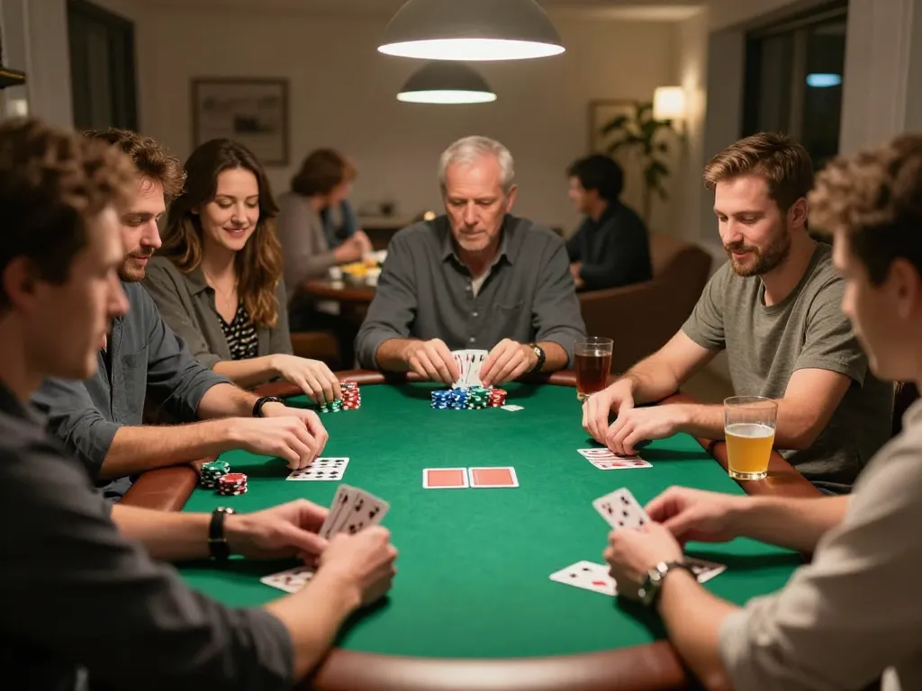 TR88 home poker night highlighting players discussing strategies and showcasing poker chips.