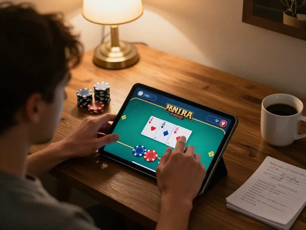 Player enjoying kkwin poker game on tablet at home with cozy ambiance.