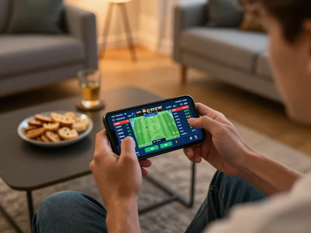 FB88 user engaging in mobile sports betting in a cozy living room with live scores displayed