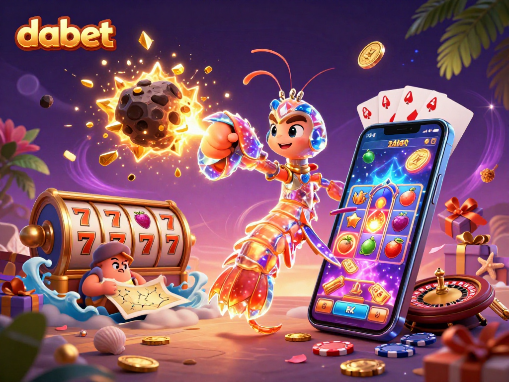 Dabet-themed illustration showcasing a galactic mantis shrimp bursting through an asteroid with coins and vibrant slot game elements.