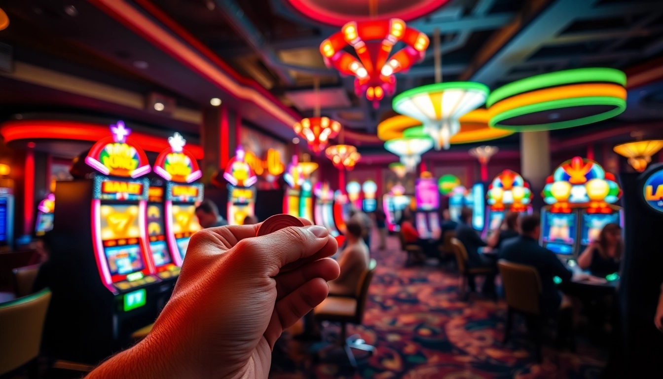 Players enjoying vibrant casino games at AT99, featuring lively slot machines and chips.