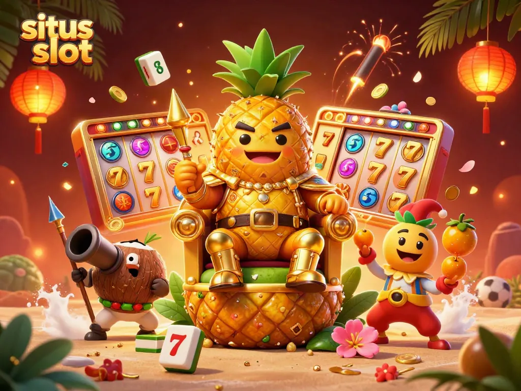 Ilustrasi 3D situs slot yang menampilkan raja nanas emas dan elemen permainan slot yang cerah.