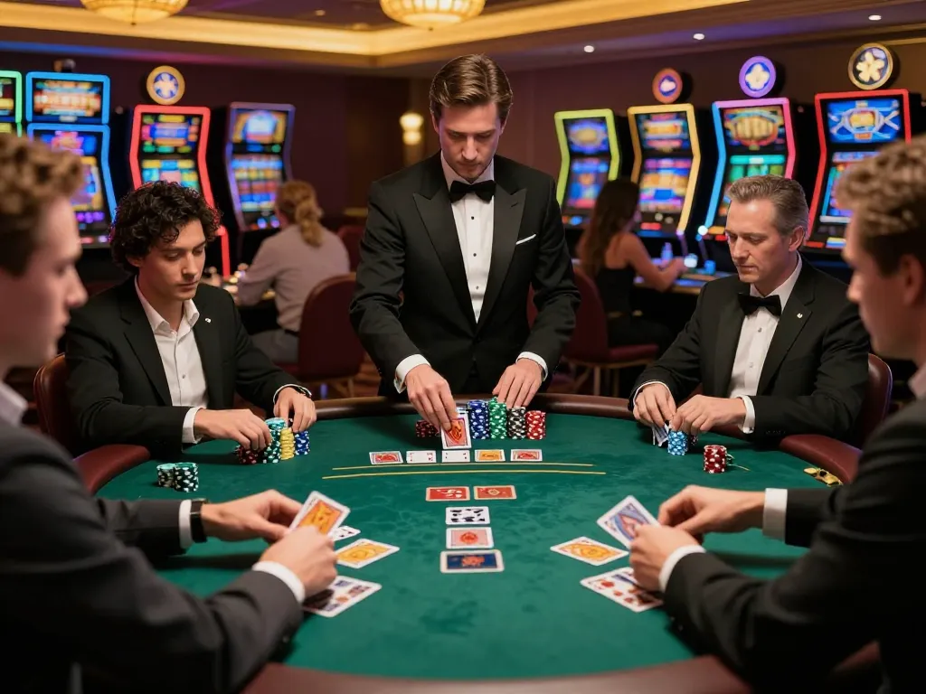 Players engaging in a strategic blackjack game at a vibrant casino, experiencing the excitement of f8beta2.